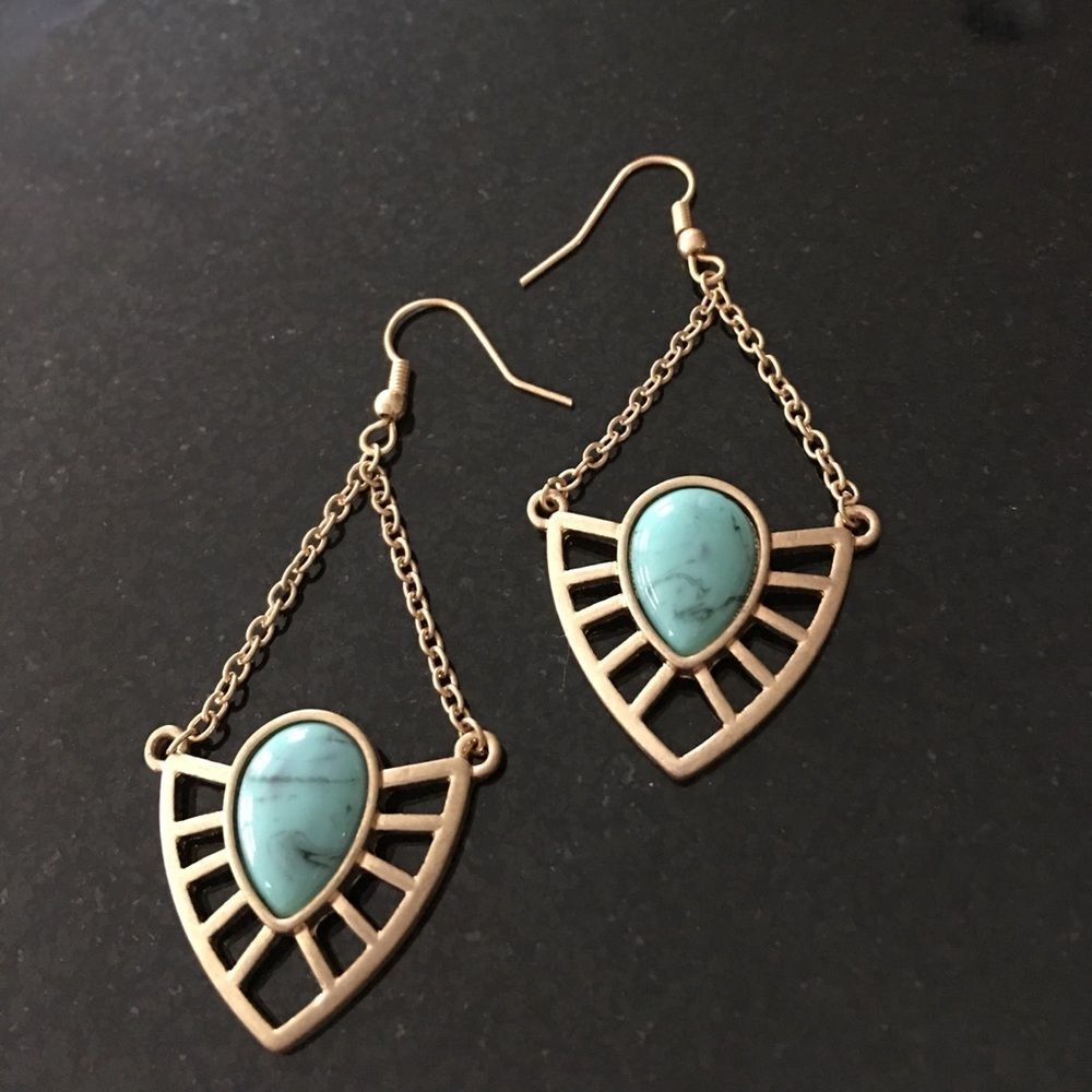 Turquoise geometric‎ Gold Tone Dangle Earrings